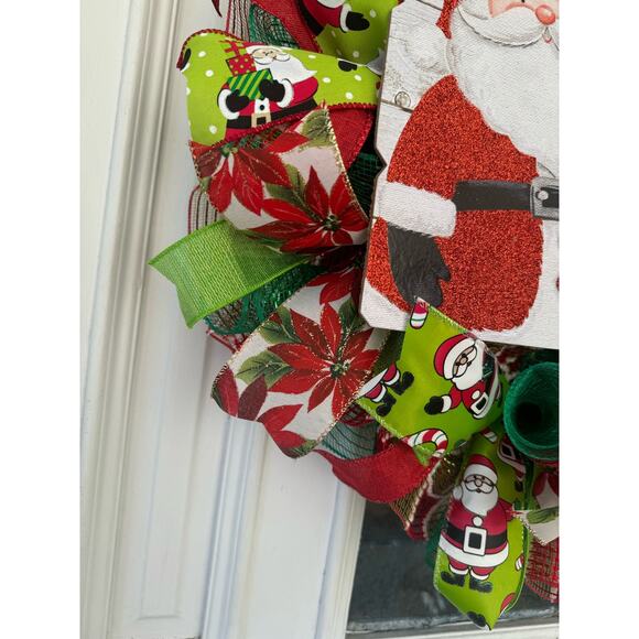 Handmade Santa Christmas Wreath Happy Holidays Sign Red Green White Ribbons xxx - Picture 2 of 7